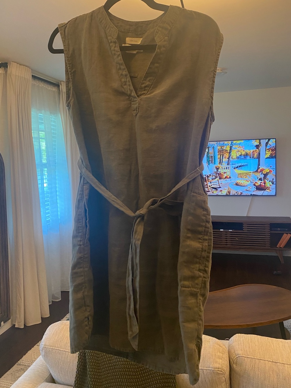 C&C California 100% Linen Olive Khaki Belted Mini Dress S